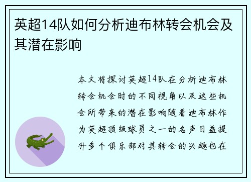英超14队如何分析迪布林转会机会及其潜在影响