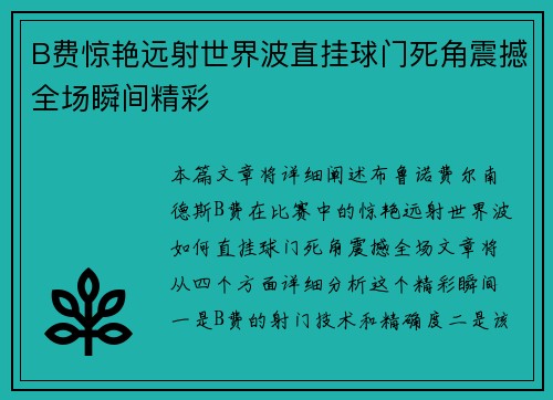 B费惊艳远射世界波直挂球门死角震撼全场瞬间精彩